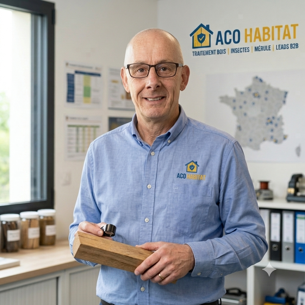 Fondateur d'ACO Habitat inspectant une piece de bois avec une loupe dans son atelier a Alencon